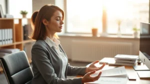 Professional woman in business attire meditating peacefully at her desk with financial documents nearby, morning sunlight streaming through office windows, calm focused expression