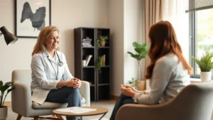 Professional therapist in modern office conducting compassionate counseling session with calm, supportive atmosphere, warm lighting, comfortable seating, focused engaged conversation between two people