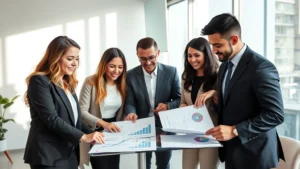 Professional diverse team in modern financial planning office collaborating over wealth strategy documents with sophisticated charts visible, natural lighting, confident expressions, modern minimalist workspace