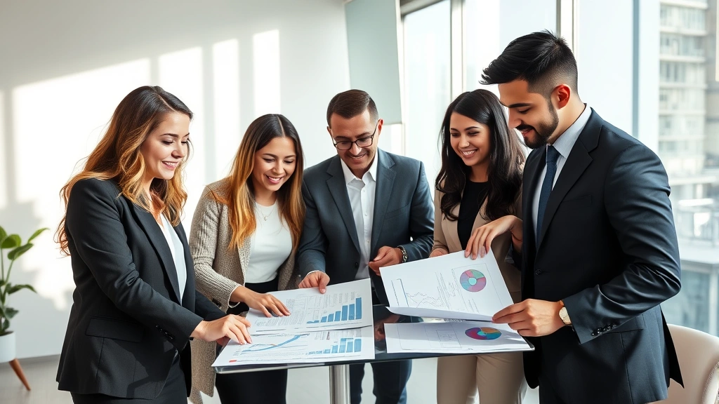 Professional diverse team in modern financial planning office collaborating over wealth strategy documents with sophisticated charts visible, natural lighting, confident expressions, modern minimalist workspace