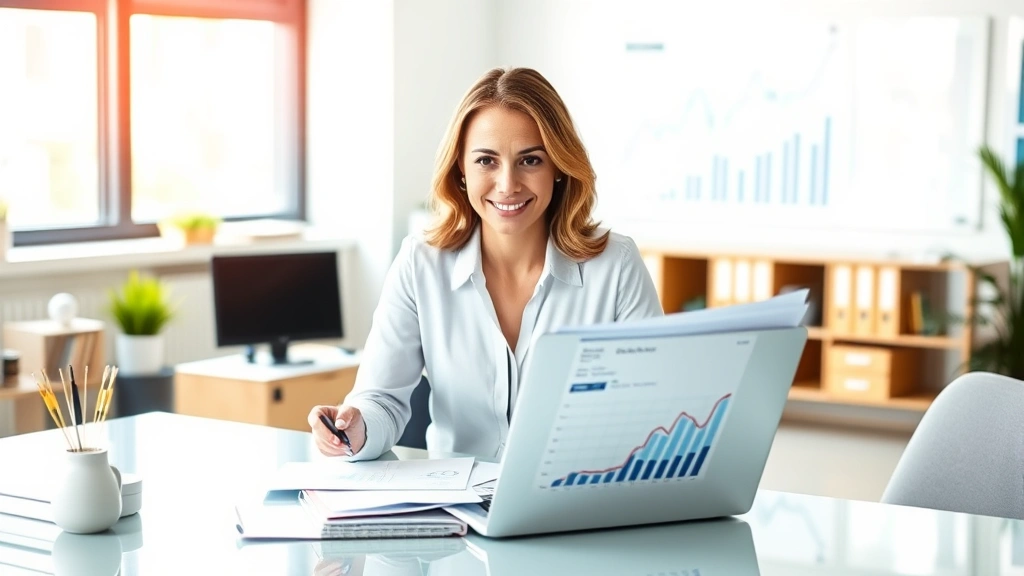 Professional woman reviewing financial documents and investment portfolio at modern office desk with laptop, organized workspace, confident expression, natural lighting from window, financial charts visible but blurred in background