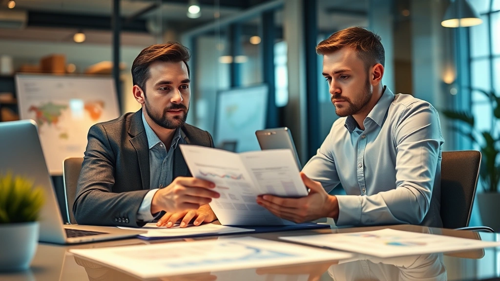 Professional financial advisor reviewing investment portfolio with client at modern desk, warm lighting, focused expressions, charts and documents visible but blurred, professional office environment