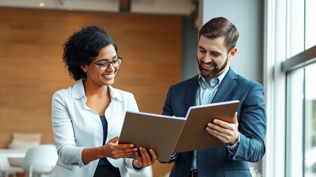 Professional financial advisor in modern office reviewing investment portfolio with confident client, natural lighting, wealth management setting