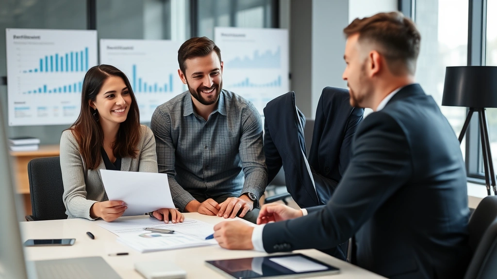 Professional financial advisor meeting with young couple reviewing investment portfolio and retirement plans in modern office with charts and graphs visible