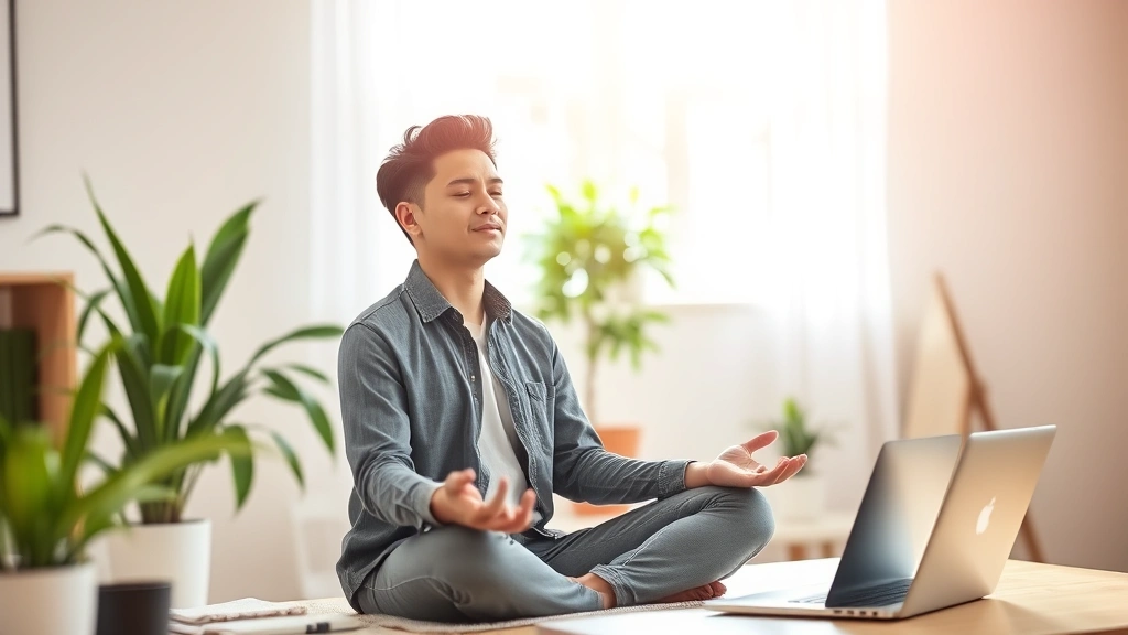 Young professional meditating peacefully in home office with plants and natural light, laptop nearby, representing work-life balance and mental wellness for career success