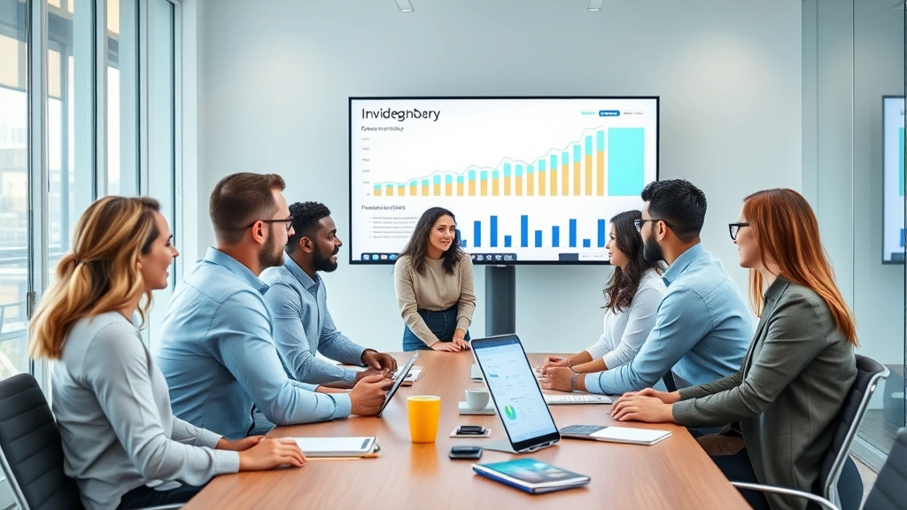 Diverse group of professionals in business casual clothing collaborating in a bright conference room, analyzing financial growth and investment strategies on large monitor, collaborative atmosphere