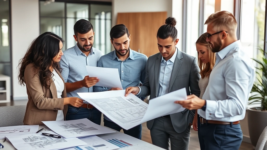Diverse real estate professional team in modern office environment reviewing property documents and blueprints, collaborative atmosphere, natural lighting, no charts or text visible on documents