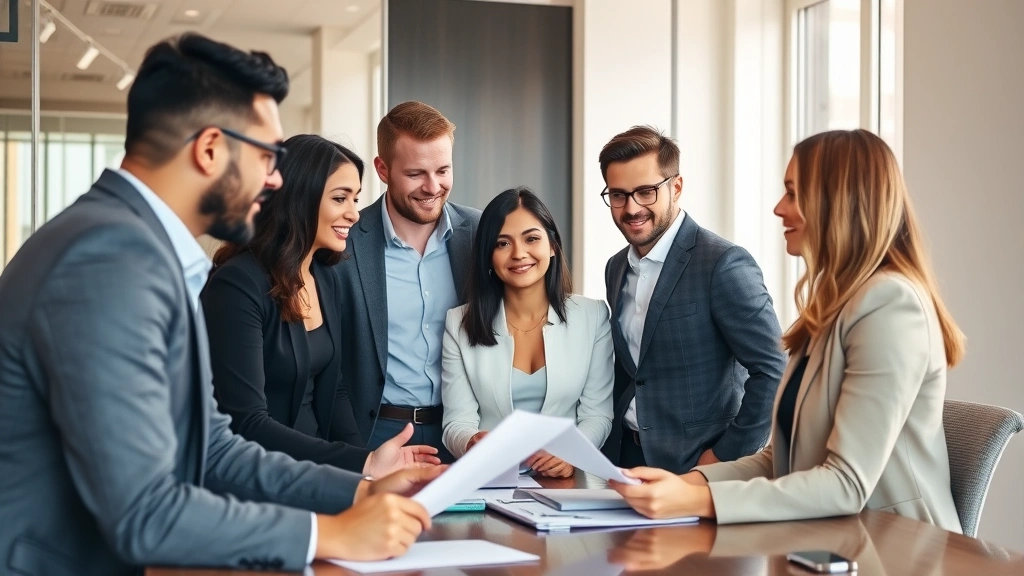 Diverse group of professionals in business casual attire discussing financial goals and investment strategy in bright office conference room, collaborative atmosphere