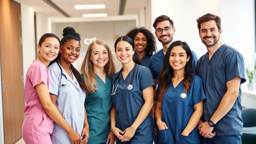 Diverse group of professionals in healthcare uniforms smiling together in modern clinic setting, representing high-income career paths and wellness industry success