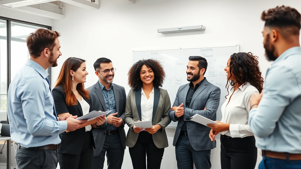 Diverse group of professionals in business casual clothing having an engaged discussion in a modern office setting, collaborative whiteboard visible, smiling and taking notes