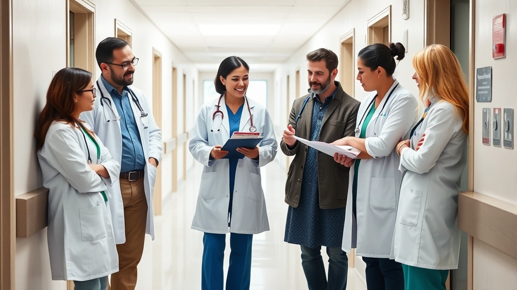 Diverse group of mental health professionals in hospital hallway collaborating on patient care, integrated care team with doctors, nurses, and counselors reviewing charts together