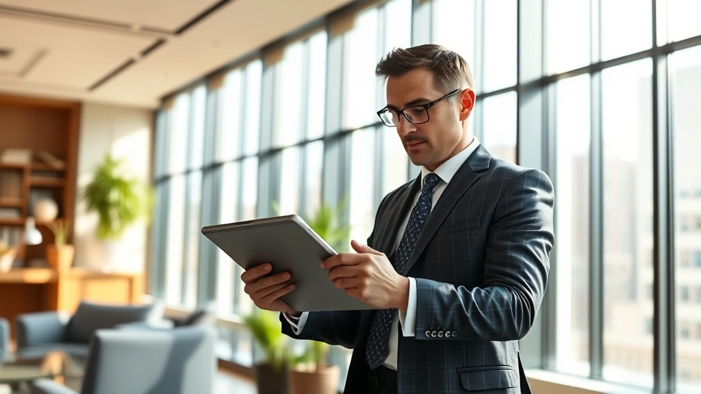 Successful entrepreneur or wealth advisor in professional attire reviewing investment portfolio on tablet in upscale modern office, morning sunlight streaming through windows, focused and confident demeanor