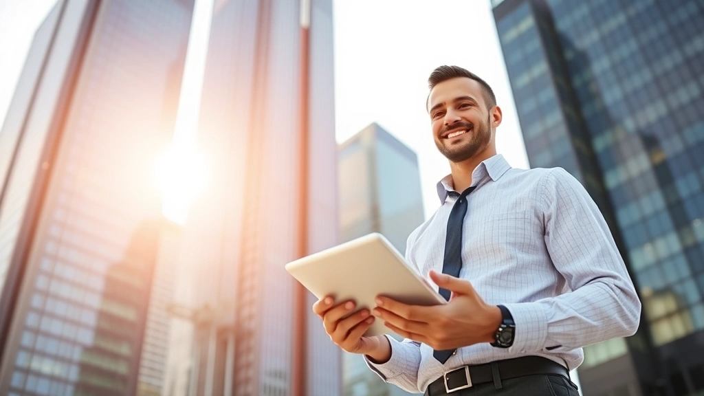 Successful entrepreneur in business casual attire standing in front of modern skyscraper, holding tablet showing growth charts, sunlight highlighting determination, urban environment, professional but approachable demeanor