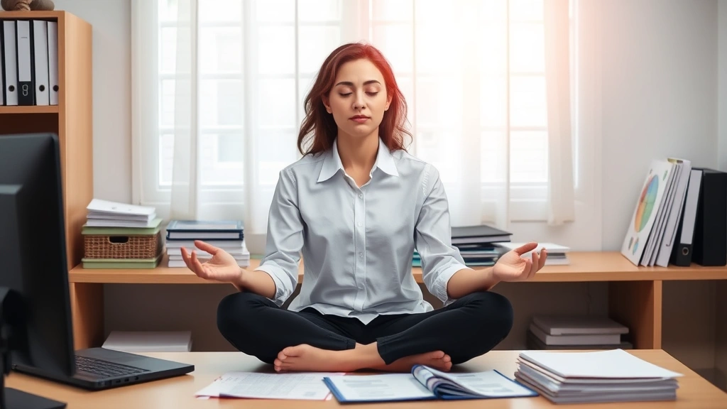 Person meditating at desk with financial documents, representing emotional intelligence and calm decision-making about money matters
