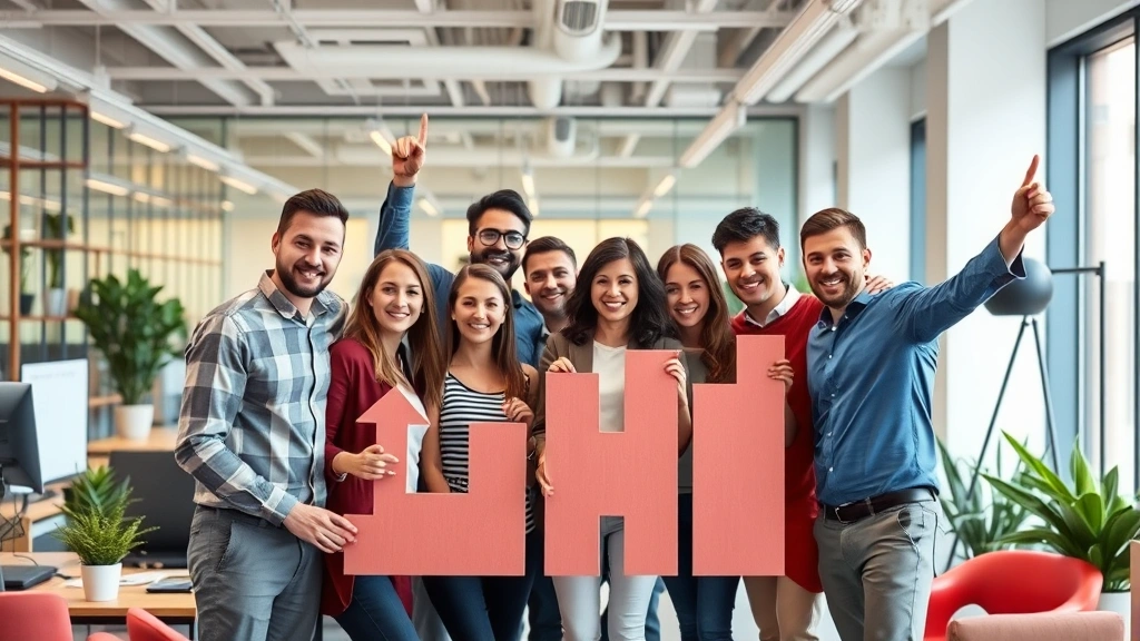 Diverse group of people working together in collaborative business environment, celebrating financial milestone achievement, modern office with success indicators visible