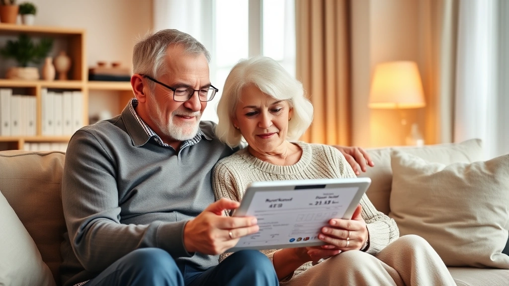 Mature couple sitting together reviewing retirement portfolio on tablet in comfortable home study, warm lighting, peaceful expression, representing long-term wealth building and financial security