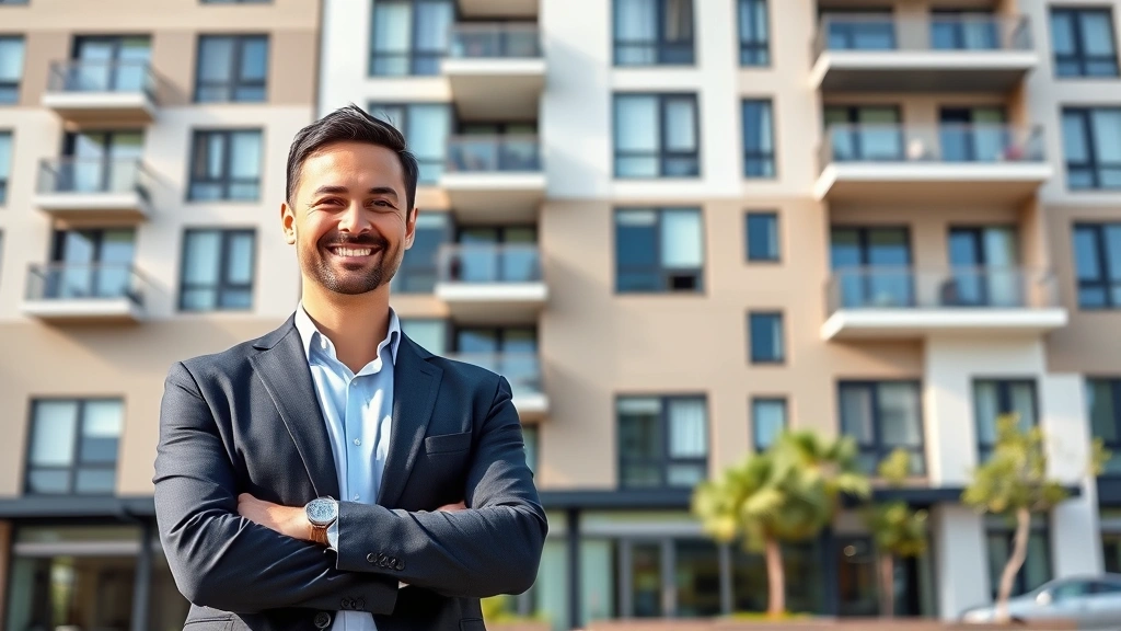 Successful real estate investor in business casual attire standing confidently in front of renovated apartment building, modern urban setting, professional headshot style, clear daylight, no signage or text