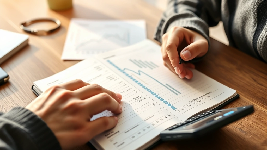 Close-up of hands writing in financial planning journal with calculator and savings tracker visible, wooden desk surface, warm natural light, focused work environment