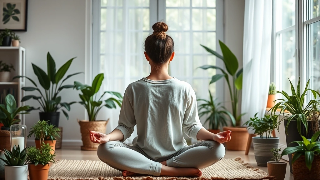 Person meditating in peaceful home environment with plants, representing mental wellness and emotional well-being supporting financial decision-making and wealth building