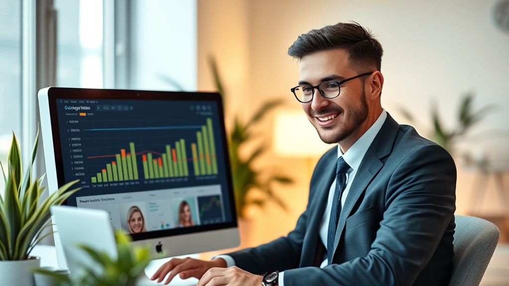 Successful businessman in suit reviewing investment portfolio on computer with confident satisfied expression, modern home office with plants, warm professional lighting