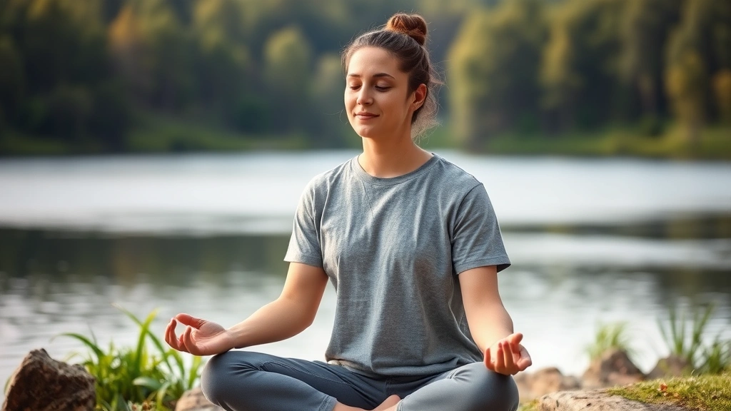 Person practicing mindfulness meditation in peaceful natural setting, sitting peacefully outdoors with serene expression, calm water or forest background, embodying mental wellness and resilience