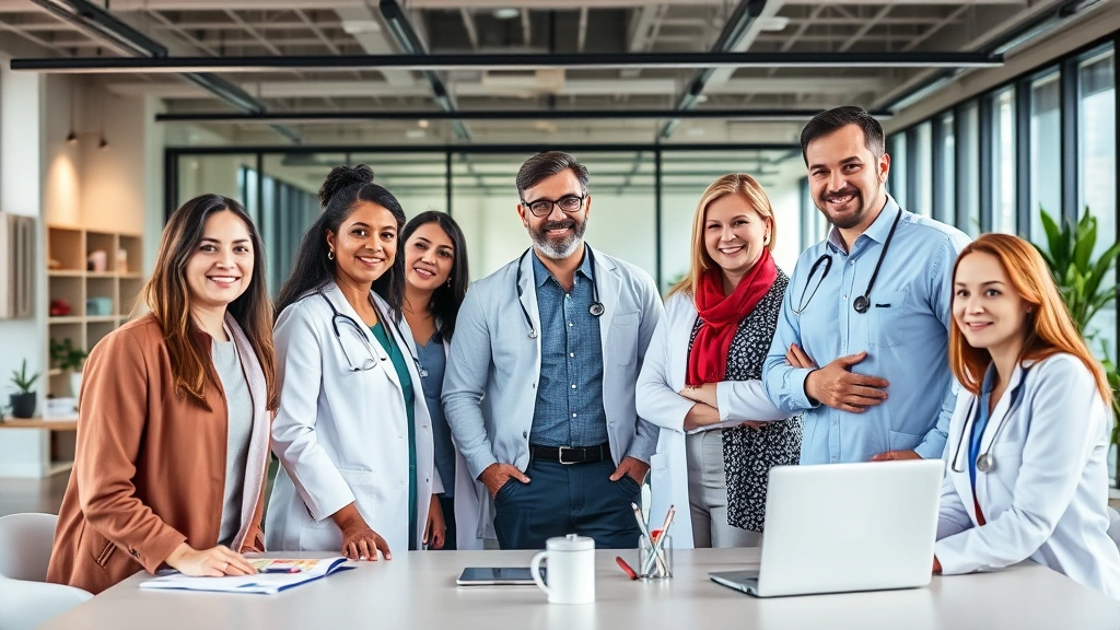 Diverse group of professionals in healthcare and wellness sector in modern workplace setting, collaborative atmosphere, representing high-income career development and mental health integration in wealth building
