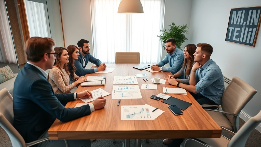 Diverse group of professionals in meeting room discussing investment strategy around wooden table, charts and documents spread out, collaborative energy, bright office setting, everyone engaged and focused on shared financial goals