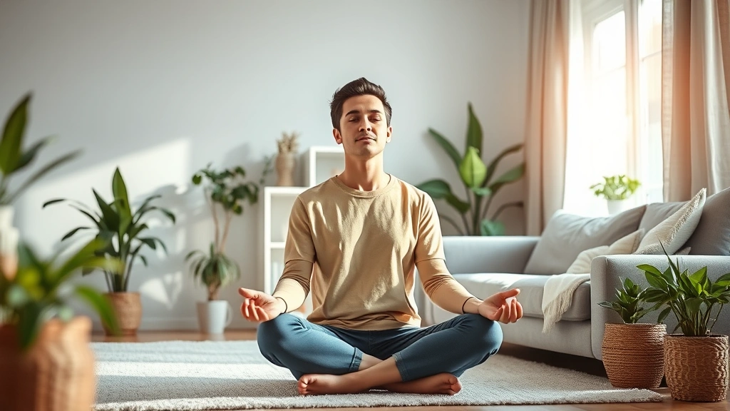 Person meditating peacefully in bright living room with plants and natural light, serene expression, comfortable home setting, representing financial mindfulness and stress management