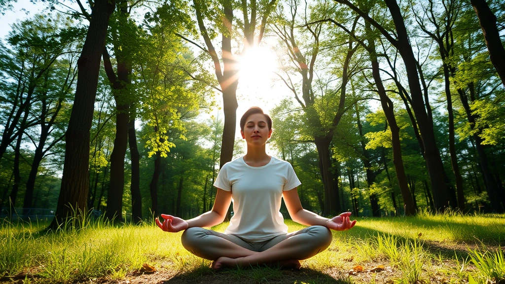 Person meditating peacefully in nature surrounded by trees and sunlight, representing wellness, mental health, and holistic approach to financial wellbeing