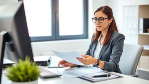 Professional woman in business attire sitting at desk, looking confident and focused while reviewing financial documents on computer, natural lighting from window, calm and organized office environment