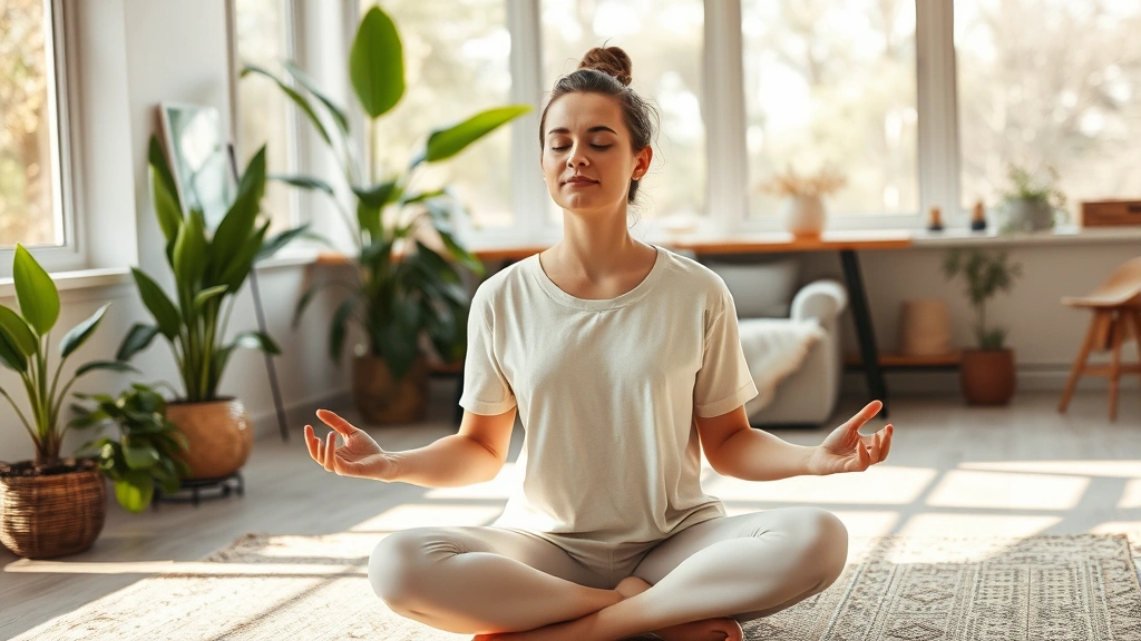 Person meditating peacefully in modern living room with large windows, surrounded by plants, natural sunlight, serene expression, professional photography style