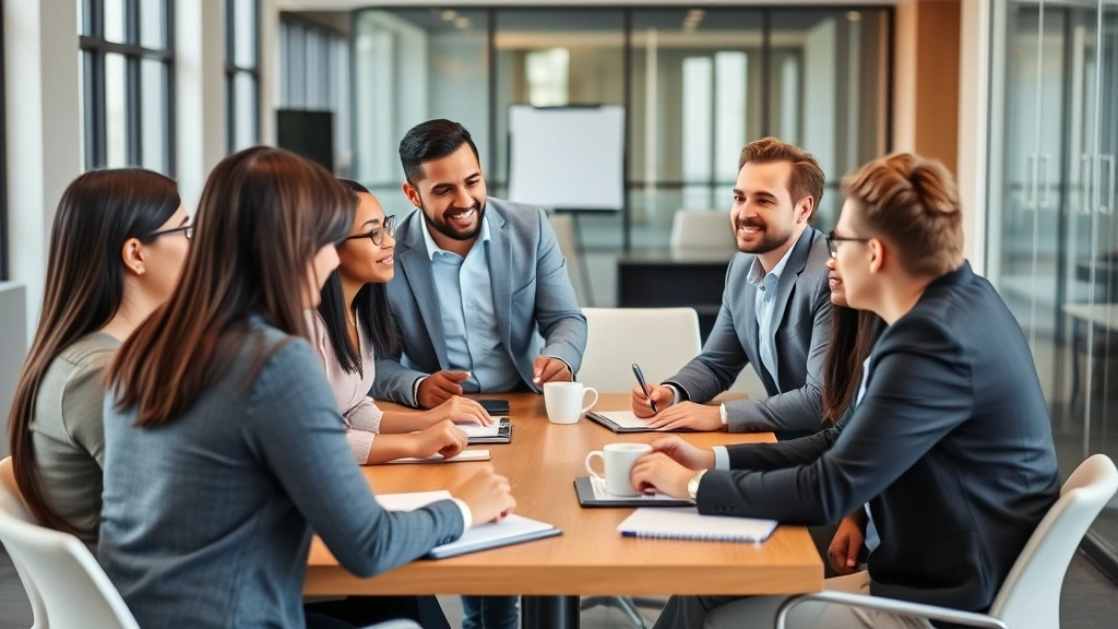 Diverse group of professionals in business casual attire having collaborative discussion around table with notebooks and coffee, engaged and positive interactions, modern office setting
