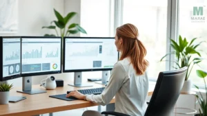 Professional woman at modern home office desk with multiple monitors displaying health data dashboards and epidemiological charts, natural window lighting, contemporary workspace setup