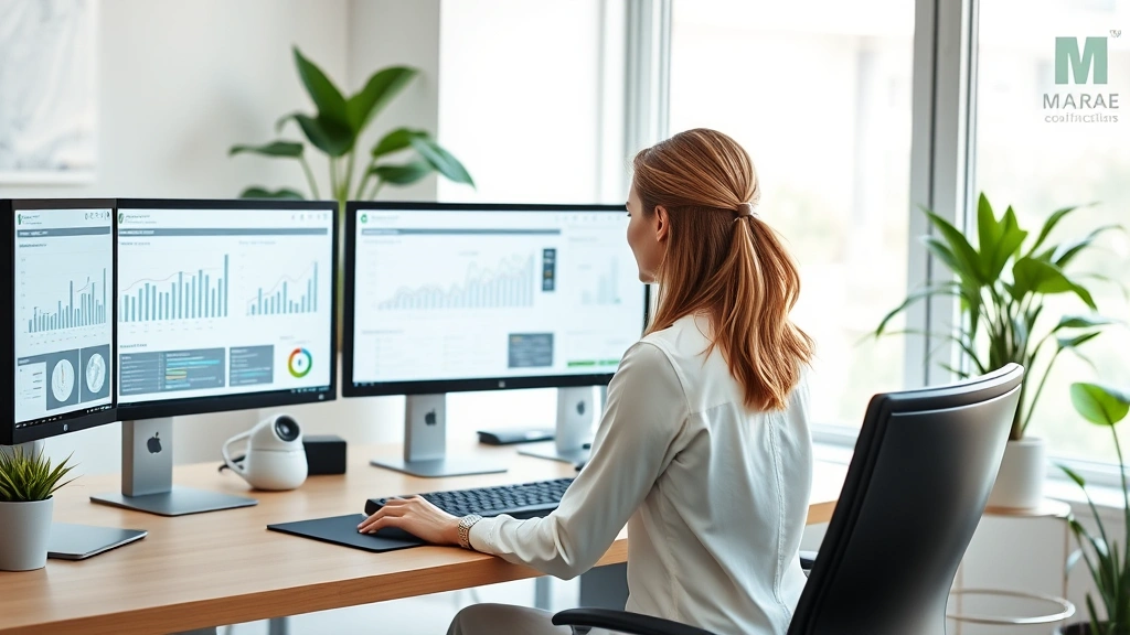 Professional woman at modern home office desk with multiple monitors displaying health data dashboards and epidemiological charts, natural window lighting, contemporary workspace setup