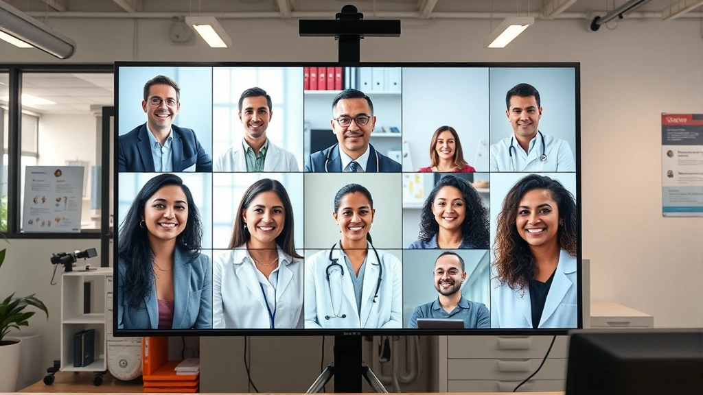 Diverse team of public health professionals collaborating in virtual meeting on large screen, confident expressions, modern office environment with health-related posters and equipment visible