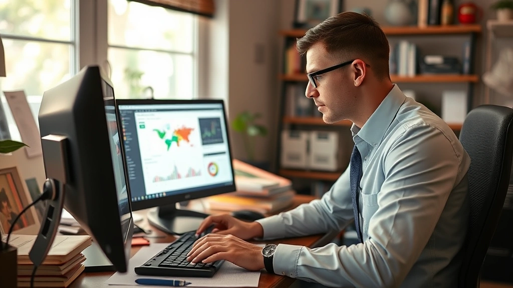 Male epidemiologist working intently at computer analyzing disease surveillance data, surrounded by research materials and notes, professional home office setting with warm lighting