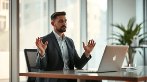 Serene professional man in business casual attire sitting at modern desk with laptop, hands in meditation position, soft morning light through large windows, calm facial expression, minimalist office with plant in background