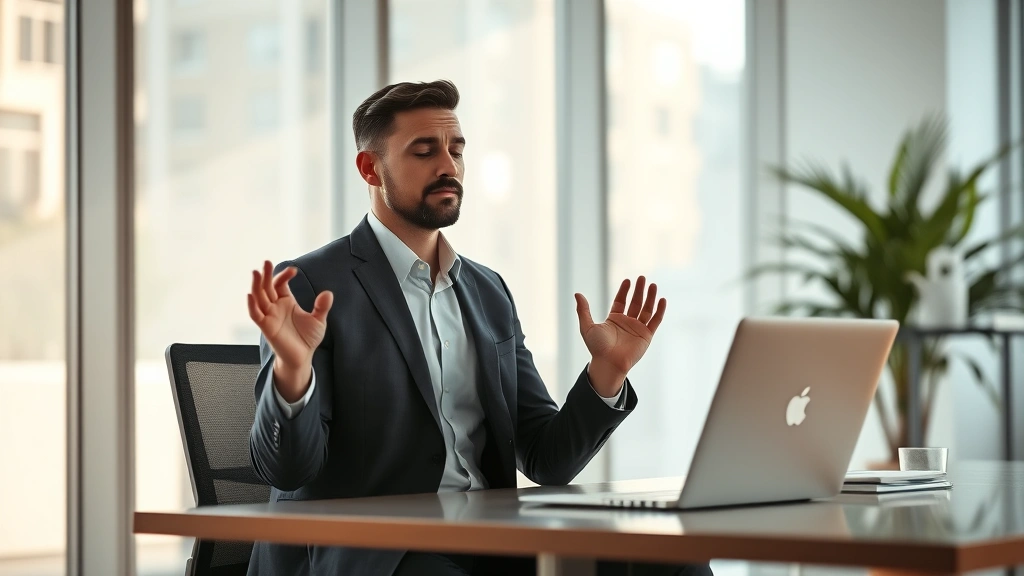 Serene professional man in business casual attire sitting at modern desk with laptop, hands in meditation position, soft morning light through large windows, calm facial expression, minimalist office with plant in background