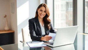 Professional woman in business attire sitting at modern desk, smiling while reviewing financial documents and laptop, natural sunlight through office window, calm confident expression, minimalist workspace