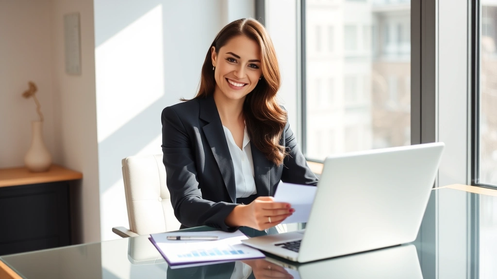 Professional woman in business attire sitting at modern desk, smiling while reviewing financial documents and laptop, natural sunlight through office window, calm confident expression, minimalist workspace