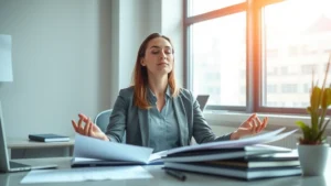 Professional woman meditating peacefully at desk with financial documents visible, natural sunlight, calm focused expression, modern office setting