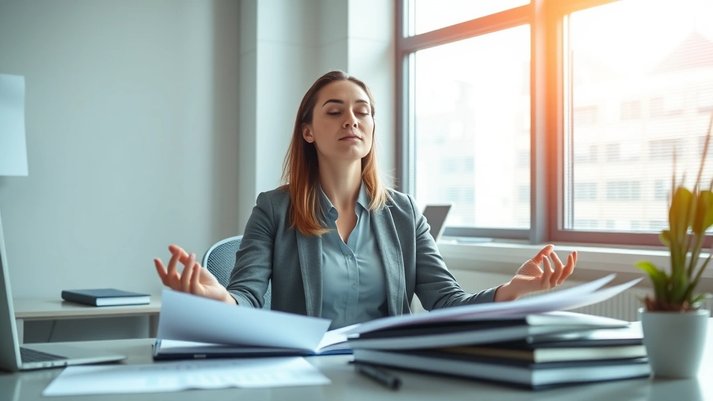 Professional woman meditating peacefully at desk with financial documents visible, natural sunlight, calm focused expression, modern office setting