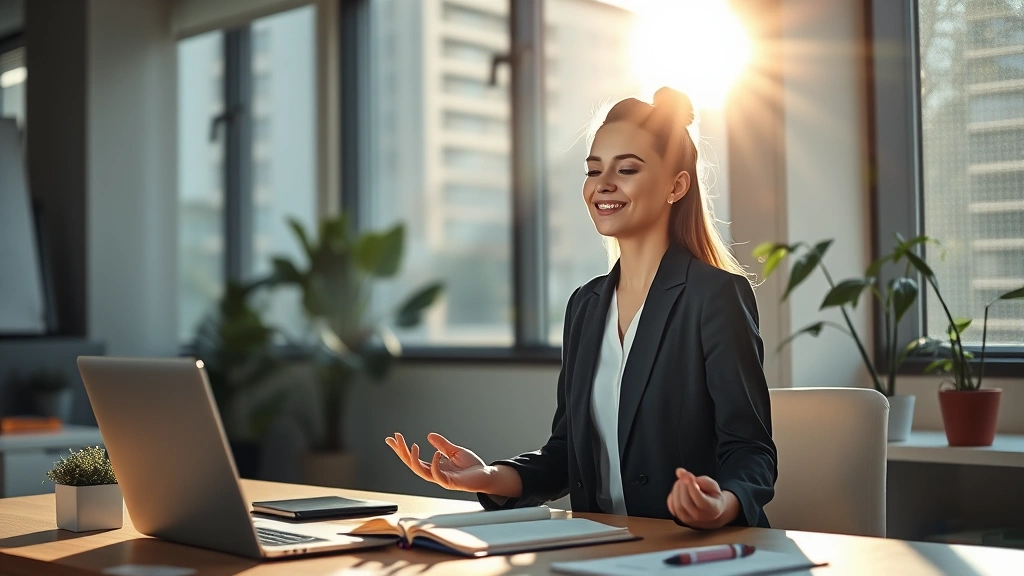 Professional woman meditating at desk with morning sunlight streaming through office window, calm expression, workspace with plants and journal visible, representing mindfulness in financial planning