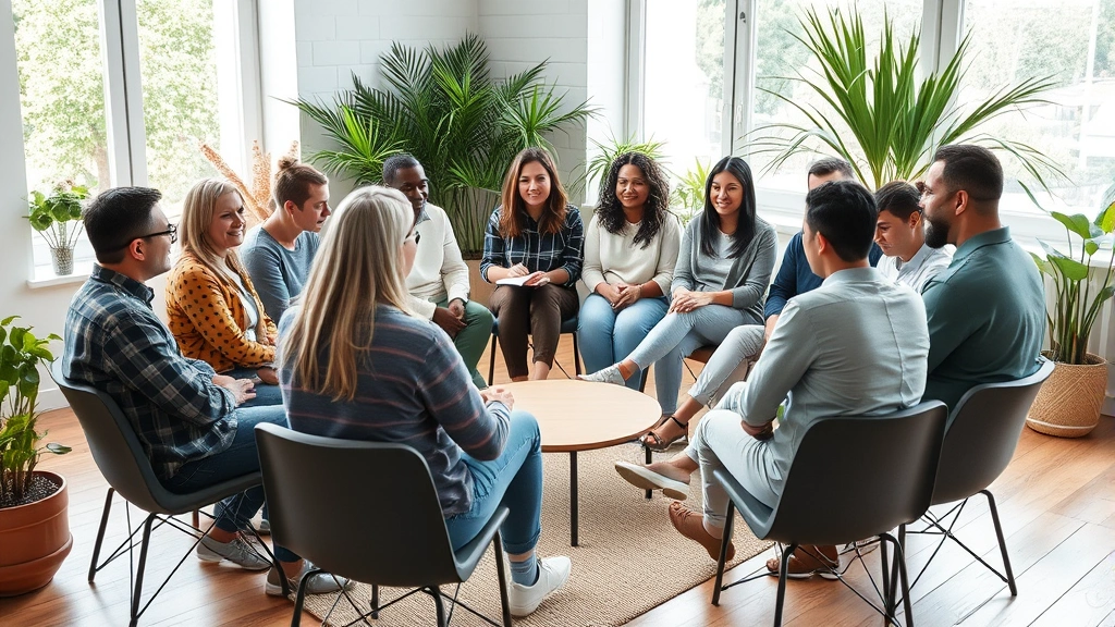 Diverse group of people in comfortable casual clothing sitting in circle having discussion in bright, welcoming meeting space with plants and natural light, engaged and supportive atmosphere, no stress visible