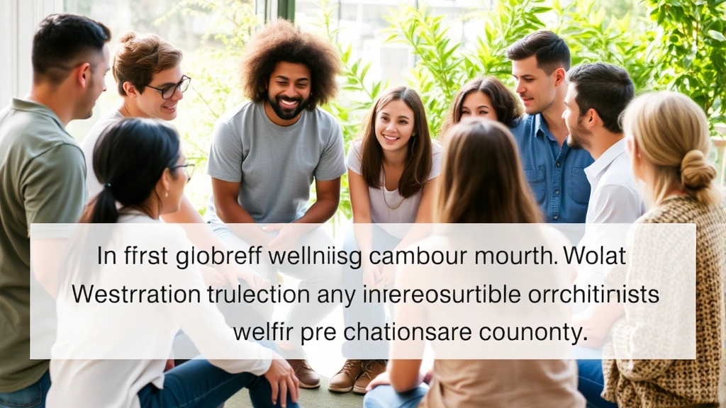 Diverse group of people in a wellness circle having a supportive conversation in a bright, natural setting with greenery, representing community support and mental health awareness