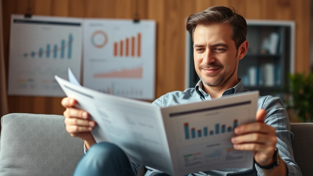 Person reviewing investment portfolio with calm confidence, relaxed posture, financial charts visible but soft focus, warm natural lighting