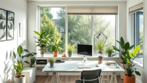 Modern well-lit home office with natural sunlight streaming through large windows, clean desk setup, healthy green plants, and organized workspace creating productive atmosphere
