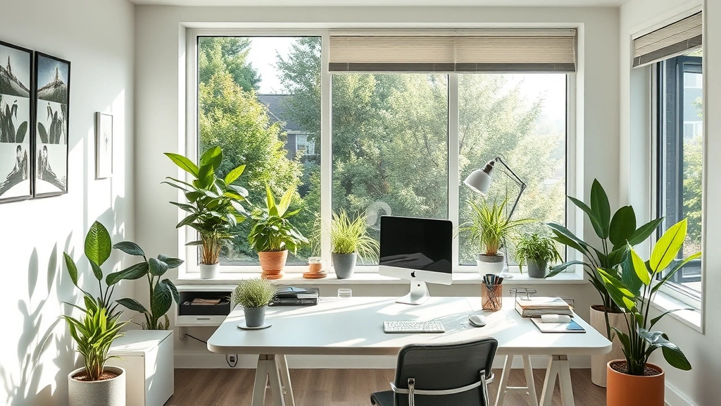 Modern well-lit home office with natural sunlight streaming through large windows, clean desk setup, healthy green plants, and organized workspace creating productive atmosphere