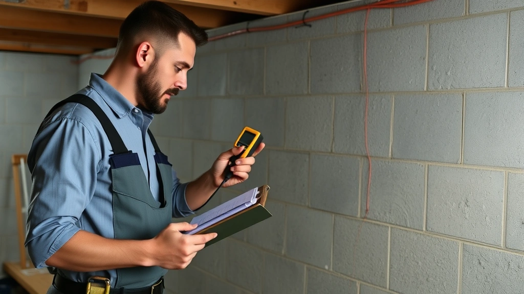 Professional home inspector examining foundation walls with moisture meter, clipboard, and diagnostic tools in a residential basement environment