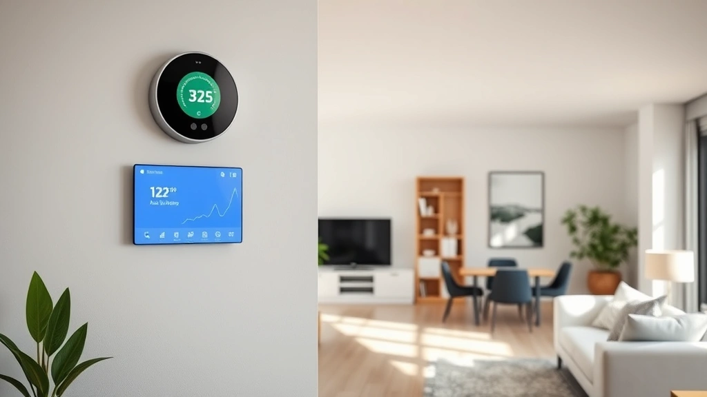 Contemporary home interior showing smart home technology display, air quality monitor on wall, modern thermostat, and clean organized living space with natural light